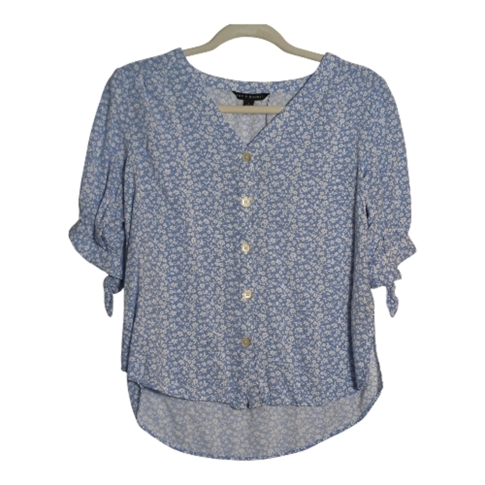 Zac & Rachel size Small Light Blue Floral Blouse Cap Tie Sleeves Feminine Summer